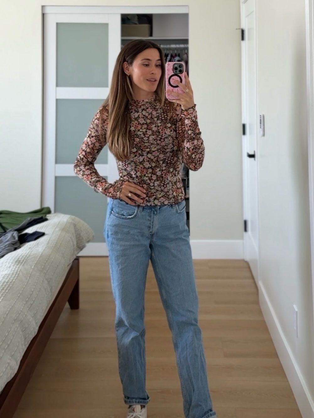 Floral Long-Sleeve Mock Neck Top in Pink/Brown